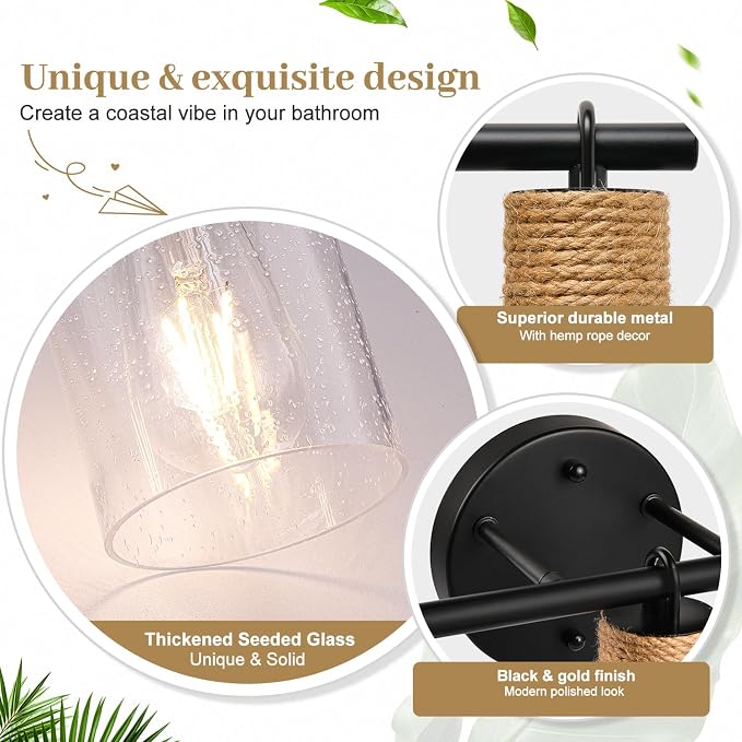 MOKATNG Bathroom Light Fixtures, 3-Light Coastal Vanity Lights with Seeded Glass, Black Bathroom Wall Lamp for Mirror Kitchen Cabinet Hallway