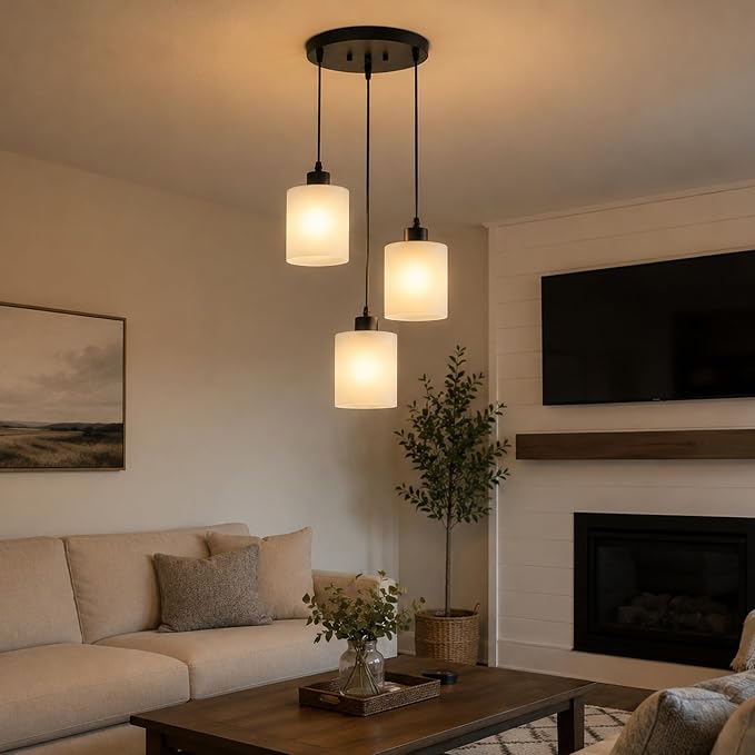 3 Light Pendant Lighting, Farmhouse Hanging Light Fixture for Kitchen Island & Dining Room, Industrial Vintage Ceiling Lamp with E26 Base, Adjustable Height, with White Glass 4.7" Shades