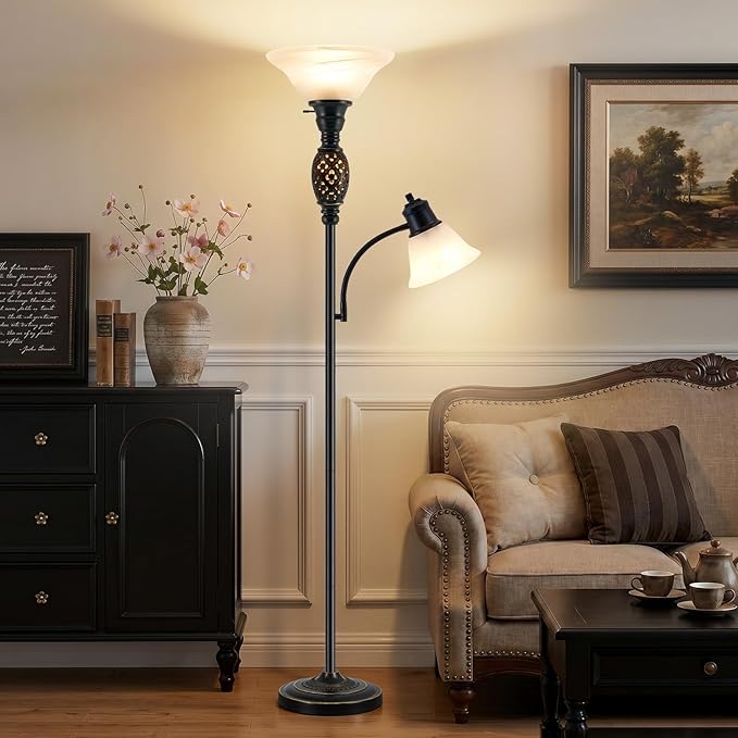 Luvkczc 70" Floor Lamp with Night Light, Adjustable Gooseneck Reading Light | Retro Standing Lamp for Living Room Bedroom Corner – Dual Lighting, Etched Frosted Shade, Rotary Switch, Bulb Included