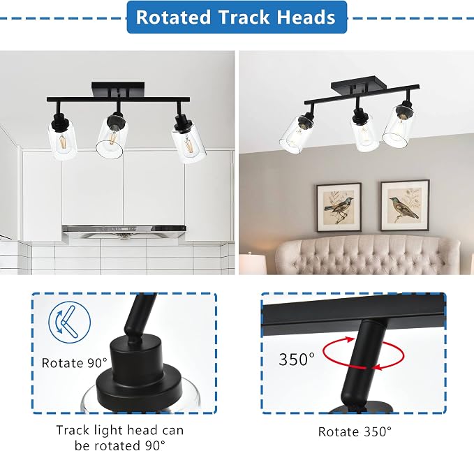 MELUCEE 3 Light Bathroom Vanity Light Black with Rotatable Track Head | 20.5 Inch Track Lighting Fixtures Ceiling Vanity Lighting Fixtures for Hallway Porch Foyer Bath Storage, Clear Glass Shade