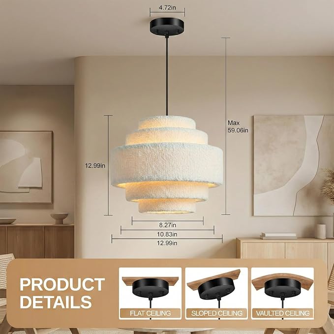 AUQUEE 5-Tier Coastal Chandelier, 13" Modern Boho Pendant Light Fixture with Soft Teddy Plush Shade, Adjustable Modern Drum Hanging Lamp for Bedroom/Nursery/Dining Room/Kitchen Island/Entryway,White