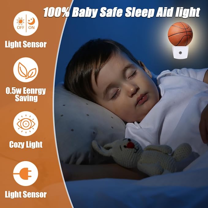 Basketball Night Light,Field Sport Ball Nightlight Plug into Wall LED Lamp Auto Sensor Dusk to Dawn for Bedrooms/Kitchens/Toilets/Corridors,Energy-Saving