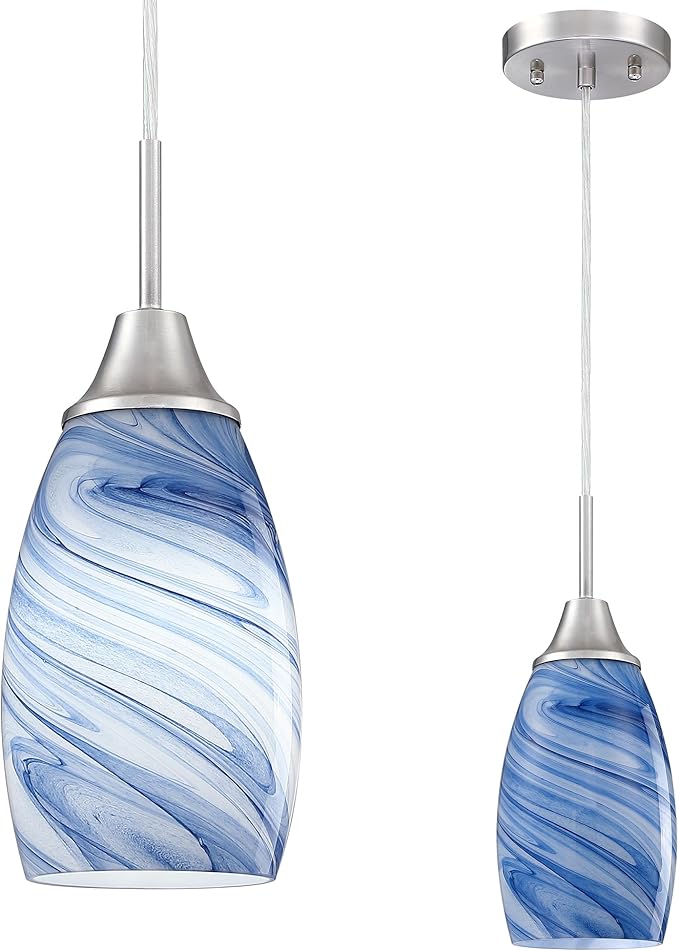 Viinew Mini Glass Pendant Light,1-Pack Blue Marble Glass Pendant Lights | Dark Blue Marble Art Glass Hanging Light,4.72" Handblown Oval Shade Adjustable Cord Ceiling Light for Kitchen