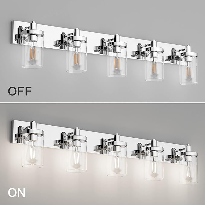 Aipsun Chrome Bathroom Light Fixtures 5 Light Bathroom Vanity Light Stainless Steel with Clear Glass Shade(Exclude Bulb)