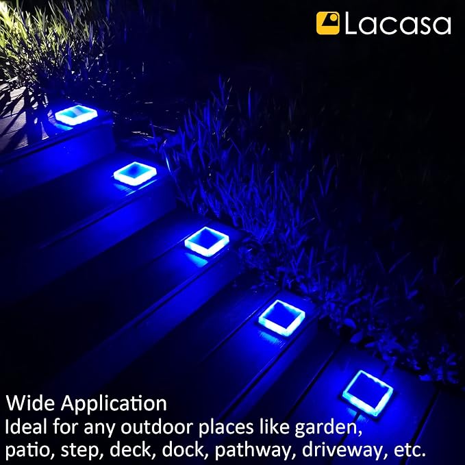 Lacasa Blue Solar Deck Lights 4 Pack, Dusk to Dawn Large Battery Step Lights, Big Solar Powered Waterproof Dock Lights, LED Solar Lights Outdoor Garden Stair Driveway Walkway Pathway Warning Lamp