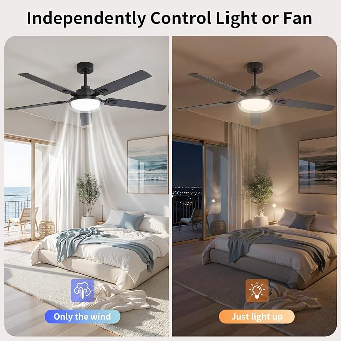 60 Inch Ceiling Fans with Lights and Remote, Bedroom Living Room Office Industrial, 5CCT Dimmable, Dual Color 5 Blades, 6 Speed Reversible Quiet DC Motor, Double-Layer Lampshade, Black/Wood Grain