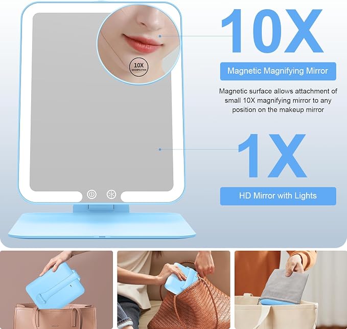 Gospire Travel Makeup Mirror with 3 Lights and Magnification 10X, Blue | Compact foldable LED mirror with smart auto sensor, Adjustable Stand, Dimmable, 2000mAh Rechargeable Lighted Vanity Mirror