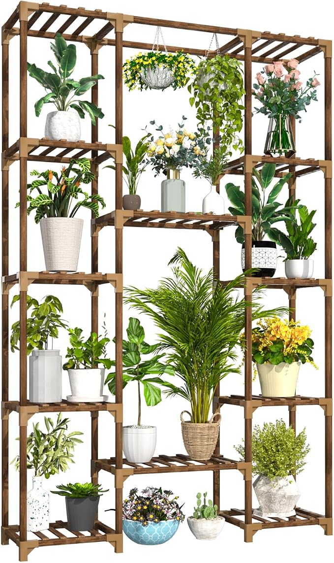 Plant Stand Indoor Outdoor, Tall Plant Shelf for Multiple Plants, 12 Tiers Large Plant Rack Wood Plant Holder Plant Shelves for Room Corner Balcony Garden Patio