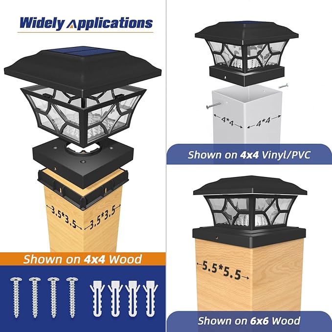 APONUO Solar Post Cap Lights 8 Pack with 1000mAh Battery - for 4x4 5x5 6x6 Fences, Larger Size & Longer Lasting, 2-Mode, IP64 Waterproof, for Fence Deck Patio Porch Yard (Black)