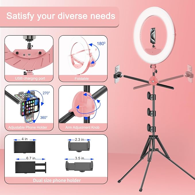 55W18 45cm Ring Light Kit [New Version] 6700K Dimmable LEDRinglightTripod Stand Dual Phone Holder for iPhone Selfie Makeup LashTattoo Studio Lighting Painting,Photo Video Recording (Pink)