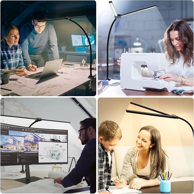 ShineTech LED Desk Lamp, 31.5" Ultra Wide Double Head Architect Light with Clamp, 50 Adjustable Lighting Modes, Eye-Caring Bright Task Lamp for Home Office, Large Monitor, Memory & Auto-Off Timer