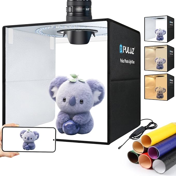 PULUZ 16"/40cm Foldable Portable Photo Studio Light Box, Adjustable Brightness Light Box Photography Lighting Shooting Tent Kit, with LED Lights and 12 Colors Backdrop