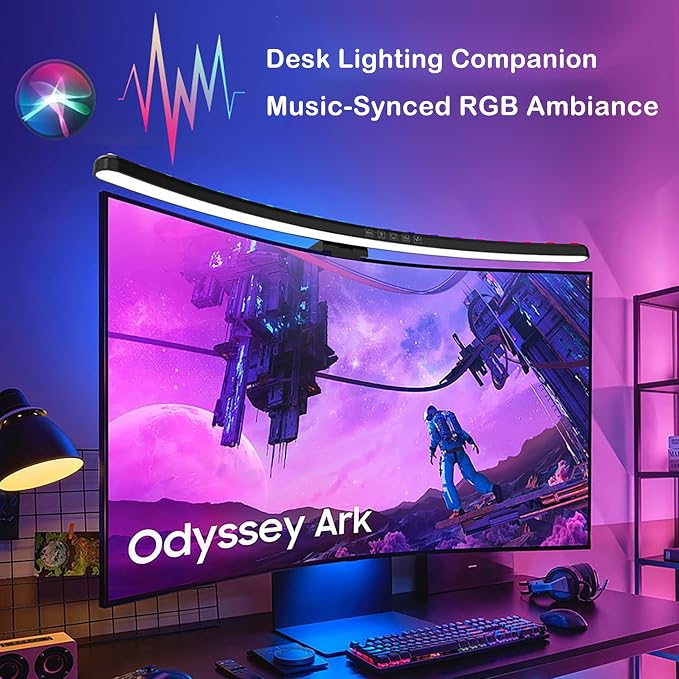 Curved Screen Light Bar Pro – RGB Music-Synced Ambient Lighting for 24”+ Monitors, Anti-Glare Desk Lamp with Touch Control, Stepless Dimming & Heavy-Duty Clamp