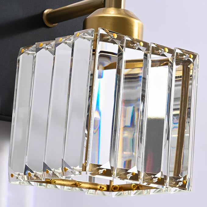 PRESDE 3-Light Crystal Bathroom Vanity Lights Black and Gold Bathroom Lights Fixtures Over Mirror Modern Bath wall Lighting