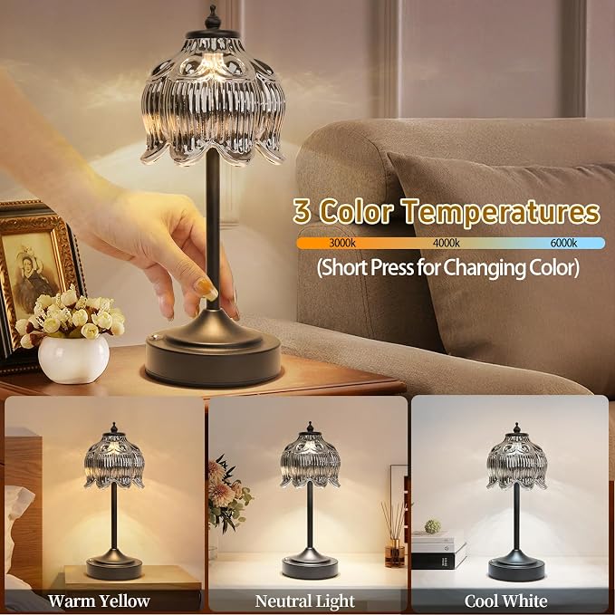 Cordless Table Lamp, Rechargeable Black Glass Lotus Flower Lamp | 5200mAh touch lamp with 3 color modes and stepless dimming, battery operated lamp for nightstands and kitchen counters