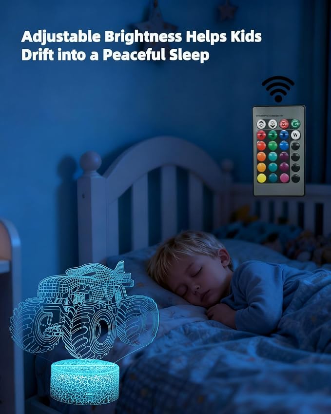 3D Illusion Kid Night Light, 3 Patterns, Car Monster Truck Plane | 16 Colors Changing, Dimmable, Touch & Remote Control, Boys Bedroom Room Décor Lamp, Christmas Birthday Toy Gift Toddler Teen