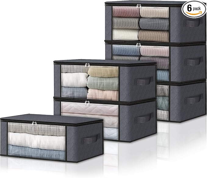 HomeHacks 6-Pack Clothes Organizer Storage Bags Foldable Storage Box with Large Clear Window Sturdy Handles for Closet, Dorm, Pillows, Bedding, Clothes, Stuffed Toys, Blankets, 35L, Grey | Foldable Storage Box Container with Zippers, Clear Window, Rein...