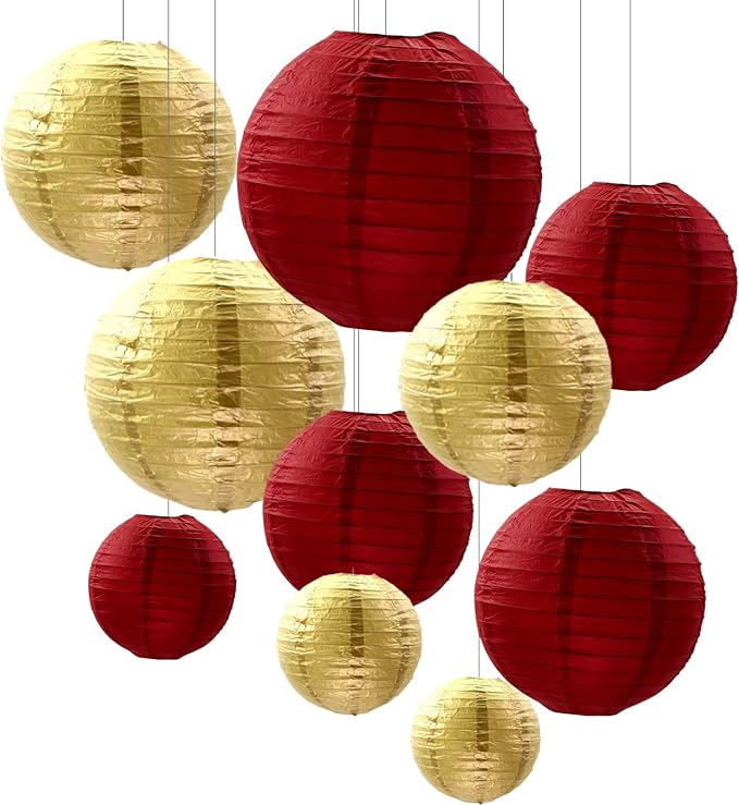ZOOYOO 10Pcs Paper Lanterns,Red Gold Round Hanging Tissue Paper Lanterns Decorations for Birthday,Wedding,Harvest,Christmas,Valentine's Day Party Fall Garden Home Decor