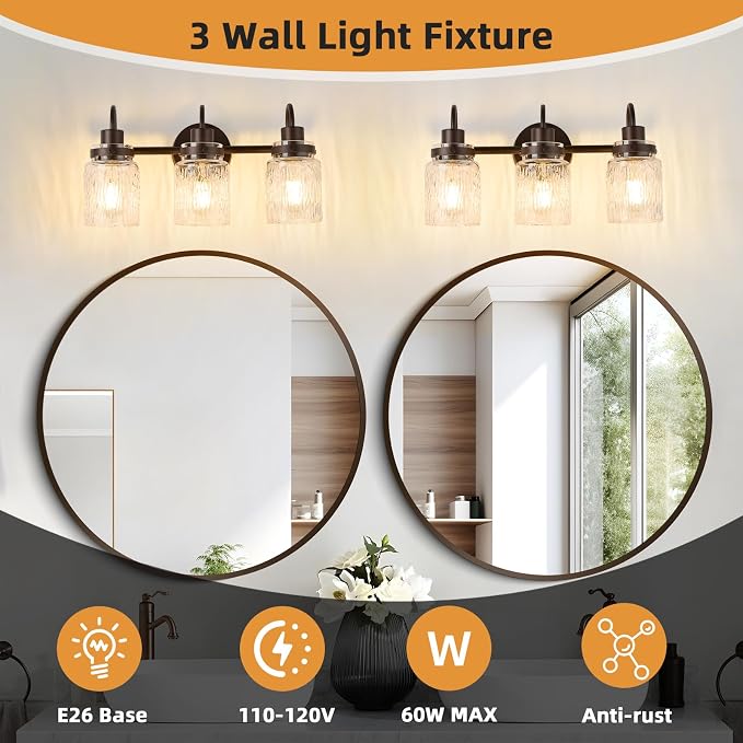 3 Lights Hammered Glass Bathroom Vanity Light, Oil Rubbed Bronze | Easy Installation,Up or Down,Farmhouse Modern Style,E26 Socket,ETL Certification