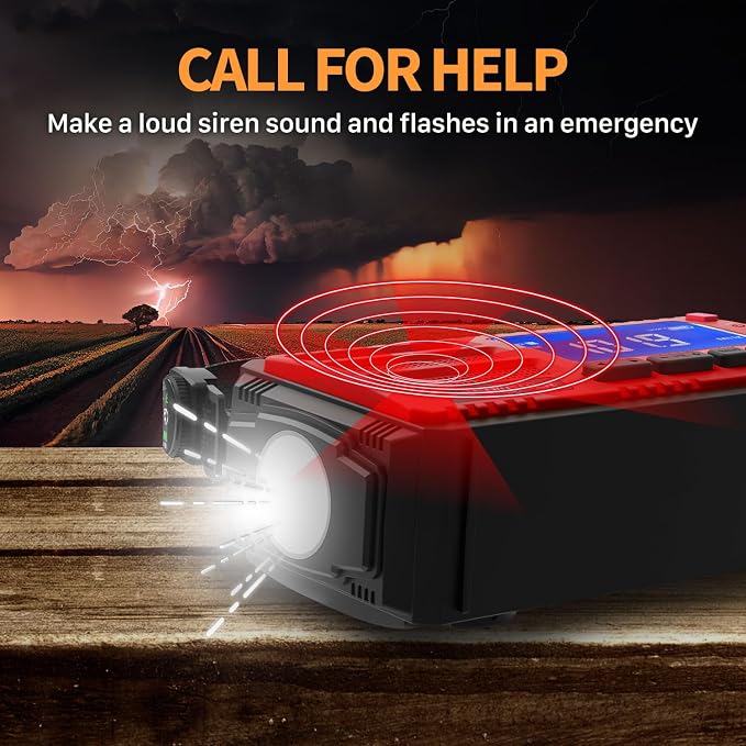 FosPower NOAA Emergency Weather Radio D8 37000mWh Portable Power Bank, AM/FM, USB/Solar/Hand Crank Charging, SOS Alarm & Flashlight for Indoor/Outdoor Emergency - Red
