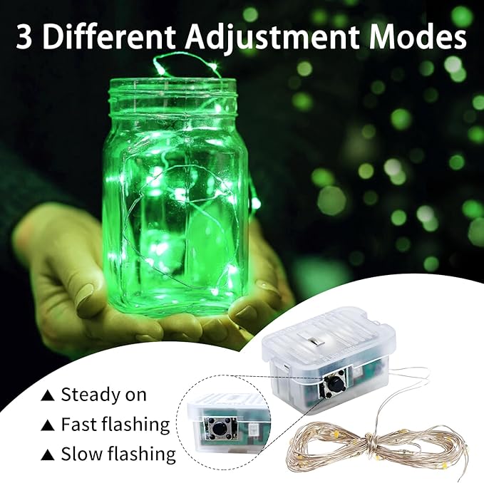 8 Pack Green Fairy Lights 7Ft 20 LED Twinkle String Lights 3 Modes Battery Operated Waterproof Firefly Starry for Mason Jar Table Centerpieces Halloween Christmas St. Patrick's Day