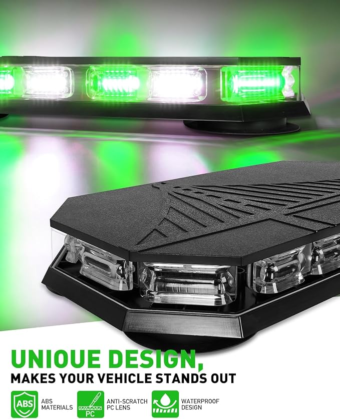 HLauto 406D Rooftop Emergency Strobe Lights Bar, 102 LED Green White Mini Beacon Safety Flashing Warning Traffic Lights Bar w/Magnetic Base for 12-24V Trucks, Construction Vehicles, Snowplow, Cars