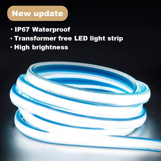 AC 110V 6.56ft Waterproof COB LED Strip Light IP67 Cuttable | 120V Bright Cold White LED Rope Lights 6000K 240LEDs LED Lights for Outside Indoor Kitchen Under Cabinet Lighting