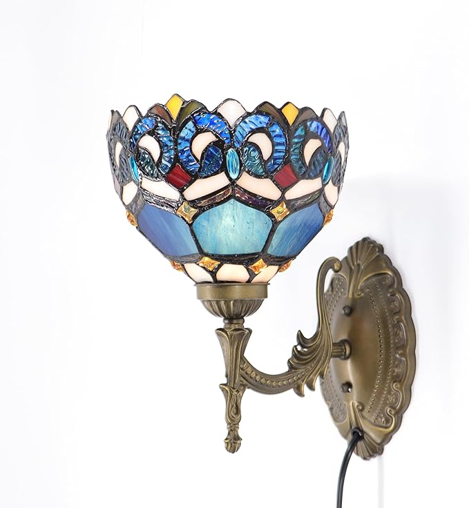 Tiffany Sconce Lamp Stained Glass Wall Lamp,8X10.5X11 Inch Plug in Wall Bedside Light for Hallway Bedroom (Blue Baroque)