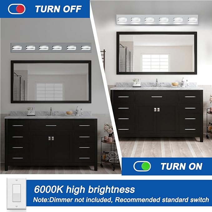 IZORRO LED Modern Bathroom Lights Fixtures(6-Light,Dimmable),Chrome Acrylic Wall Lighting,Vanity Lights for Bathroom Over Mirror - 6000k 36In （No Assembly Required）
