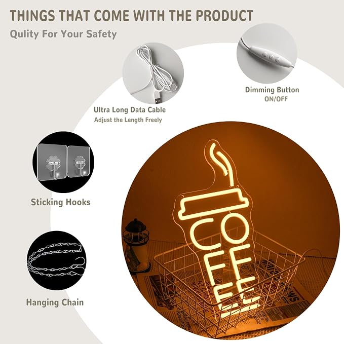 Coffee Cup Neon Sign for Wall Decor Cafe Neon Light Coffee Mug Led Signs Warm White Neon Light Up Sign for Cafe Milk Tea Shop Mall Decoration