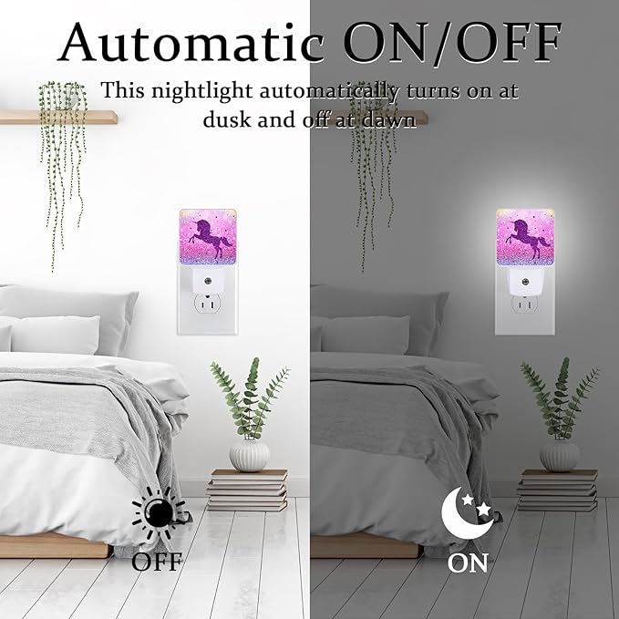 Cartoon Horse Silhouette Night Light, Plug-into Wall Pink Purple Glitter Nightlight Lamp with Dusk to Dawn Sensor, Led Lamp 0.5W Energy Efficient for Boys Girls Adults Home Decor
