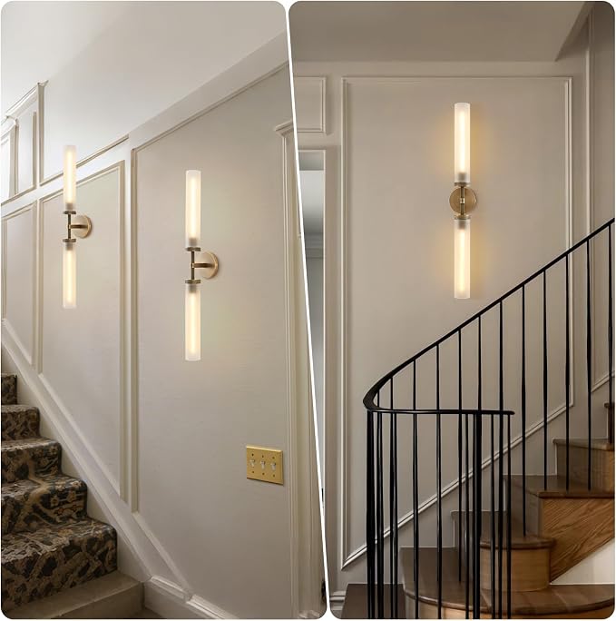 30" 2 Lights Hardwired Frosted Glass Bathroom Wall Sconces, Handmade Knurled Brass Wall Light Fixture,Modern Vanity Light for Living Room,Hallway, Bedroom, Indoor Wall Lamp, Bulb Included