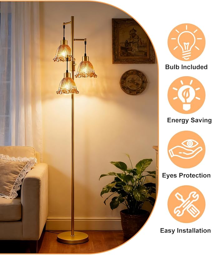 Lightdot Glass Floor Lamps for Living Room, 3-Light Dimmable Floor Lamp with Amber Glass Shade& E12 Bulbs Included, Mid Century Standing Tall Lamp with 5Lbs Heavy Base for Bedroom/Sofa Beside-Gold