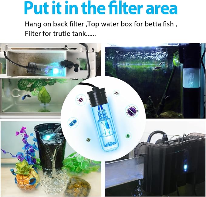 Aquarium Lamp 3W Mini Fish Tank Clean Green Light Submersible Use in Filter Area for 10-45 Gallon Fish Tank Pond Cloudy Water Clean and Clear