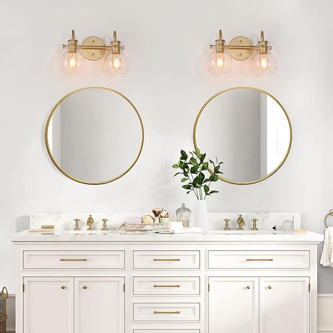 KSANA 2-Light Vanity Light with Globe Clear Glass Shade, Gold Vanity Lights for Bathroom, Powder Room, 13" L x 7" W x 9" H