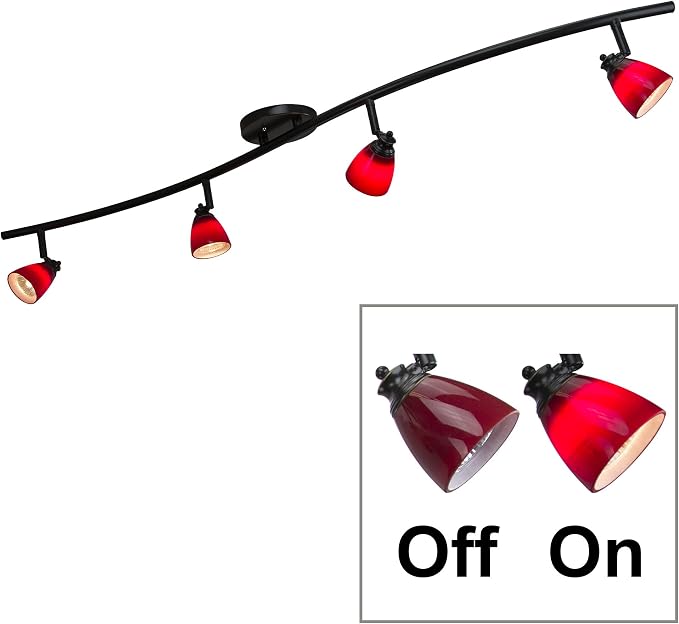 4 Lights Fixed Track Lighting Kit - Dark Bronze Finish - Red Glass Shade - Wave Bar - D268-44C-DB-BRED