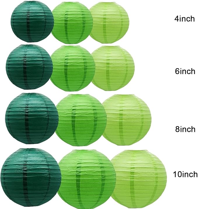 Green Paper Lanterns Decorative,Hanging Chinese Lanterns Indoor Outdoor for Birthday, Wedding, Christmas, Bridal, Home Decor, Ceiling Decorations(Size of 4”, 6”, 8”, 10”,12Pcs)