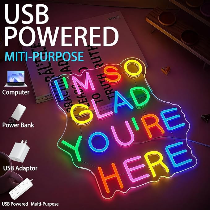 I’m So Glad You’re Here Neon Sign Dimmable Letter Positive Affirmation Neon Light USB Powered Colorful Welcome Light Up Sign for Classroom Wedding Party Store Home Wall Art Decor