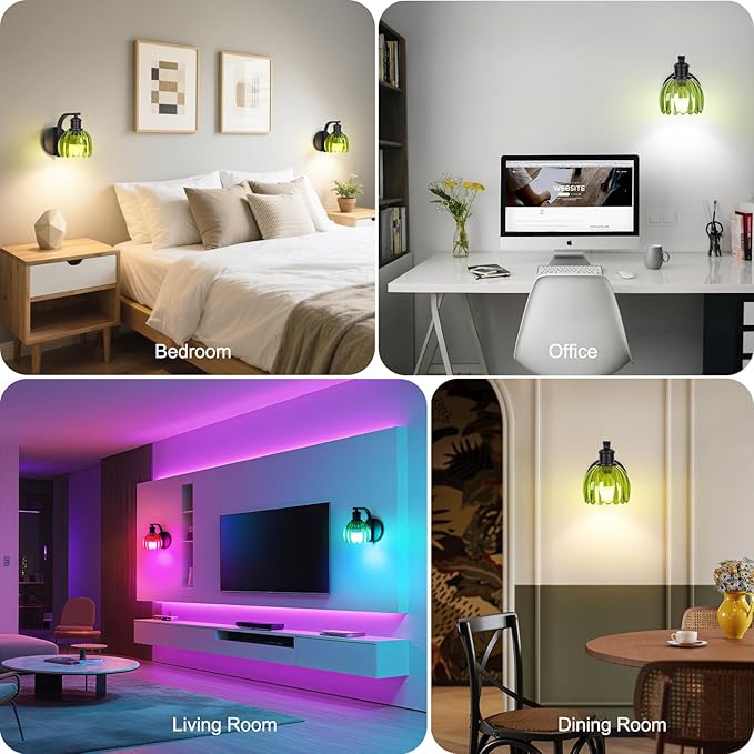 VerRon Rechargeable Battery Operated Wall Sconce with Green Glass Lampshade, Wireless Wall Scone Decor with Remote Control, 15 Colors Black Wall Light for Bedside Hallway Bedroom Doorway