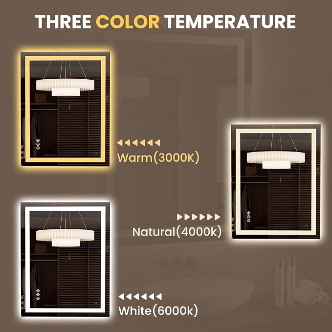 LOAAO 27.6"x35.4" LED Bathroom Mirror with Lights | Anti-Fog, Dimmable, 3 Color Temperature, Backlit + Front Lit, Memory Function, Tempered Glass, UL Listed