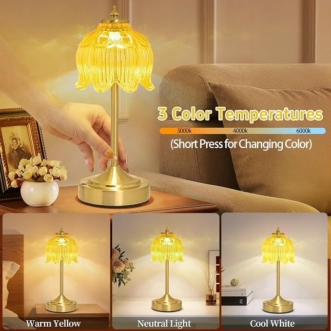 Cordless Table Lamp, Rechargeable Honey Gold Glass Lotus Flower Lamp | 5200mAh touch lamp with 3 color modes and stepless dimming, battery operated lamp for nightstands and kitchen counters