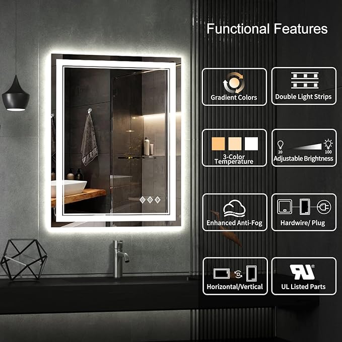 LED Bathroom Mirror, 24x32 Inch Vanity Mirror with Lights | Gradient Front and Backlit Bathroom Mirror with Lights, 3 Colors Dimmable CRI>90, IP54 Enhanced Anti-Fog, Hanging Plates
