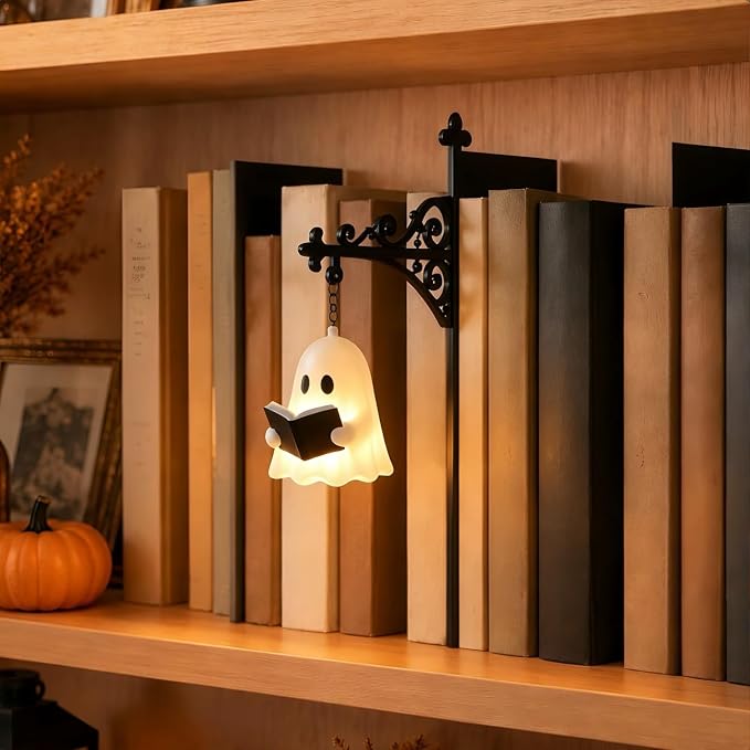 Library Lantern Bookshelf Lamp, Ghost Bookshelf Lantern with Warm LED Nightlight, Mini Nook Light for Bookshelf, Decorative Table Desk Luminaire, Halloween Bookshelf Decor for Book Lovers