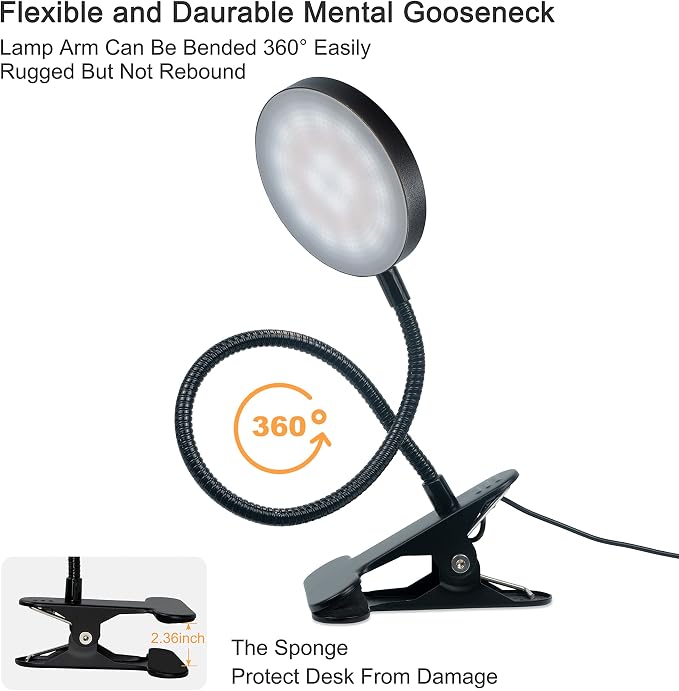 LiFMIRA Clip on Lamp, 8W 66 LED Bed Light for Reading, 5 Color Modes, 10 Brightness Levels, Eye Care, Flexible Gooseneck, Metal Clamp, USB Powered, Modern Design, Black | 5 Color Modes, 10 Brightness Levels, Eye Care Clip on Light, Flexible Gooseneck, ...