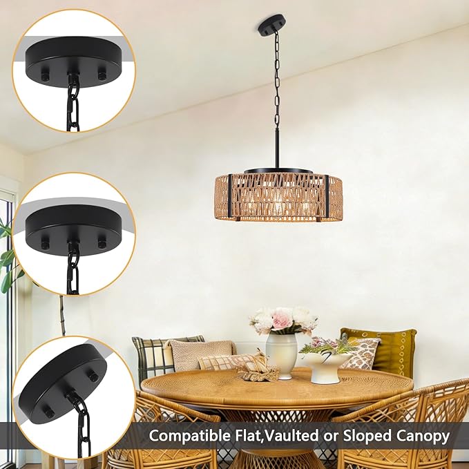 Large Farmhouse Rattan Chandelier, 5-Light 21.6”Boho Chandeliers Light Fixture with Rustic Wicker Hand Woven Pendant Light for Living Room,Kitchen Island Bedroom(E26 Bulbs Not Included)