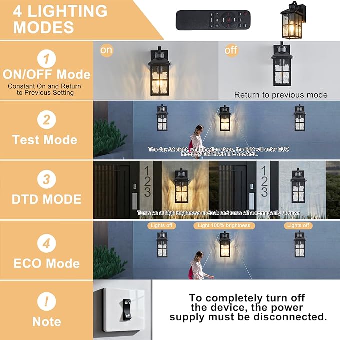 Porch Lights with GFCI Outlet with Remote | Dusk to Dawn Motion Sensor Outdoor Light, Upgraded 4 Lighting Modes Exterior Fixture Outside Lights for House Patio Garage