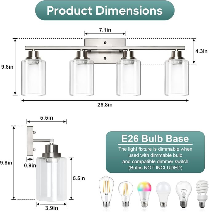 Ascher Bathroom Light Fixtures, 4-Light Vanity Light Over Mirror, Brushed Nickel Wall Sconces with Clear Glass Shades, Wall Lamp for Living Room Bedroom, E26 Base(Bulbs Not Included)