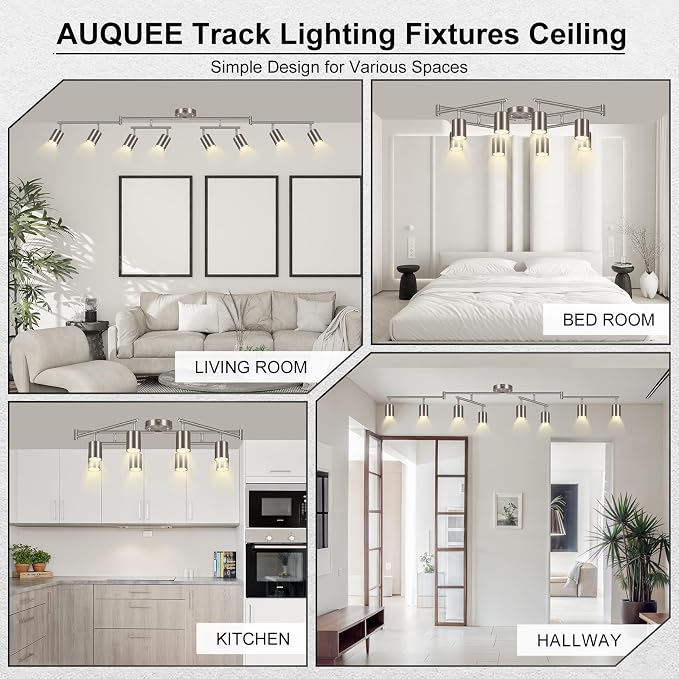 AUQUEE 8 Light Track Lighting Fixtures Ceiling, Brushed Nickel Kichen Track Lighting Fixtures, Rotatable Light Heads, Adjustable Modern LED Track Lights for Kitchen/Hallway, No GU10 Bulb