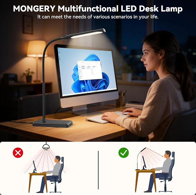 LED Desk Lamp, Eye-Caring Table Lights for Home Office | Touch Control Desk Lamp, 5 Color & 6 Brightness Levels Dimmable Lamp with Memory Function 1h Timer