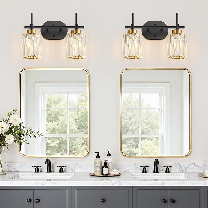 Modern Crystal Bathroom Vanity Light Fixtures, 2-Light Black and Gold Bathroom Wall Sconce Lighting for Over Mirror, Clear K9 Crystal Shades, E26 Base, Bulbs Not Included